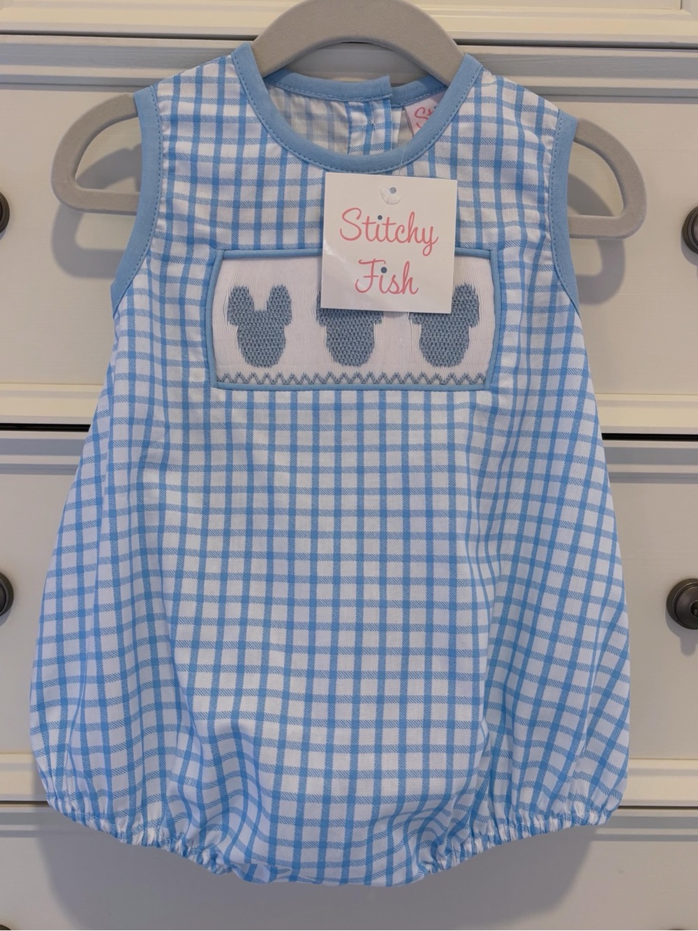 NWT Stitchy Fish Baby Boy Blue Gingham Smocked Mickey Mouse Bubble Size 9 Months